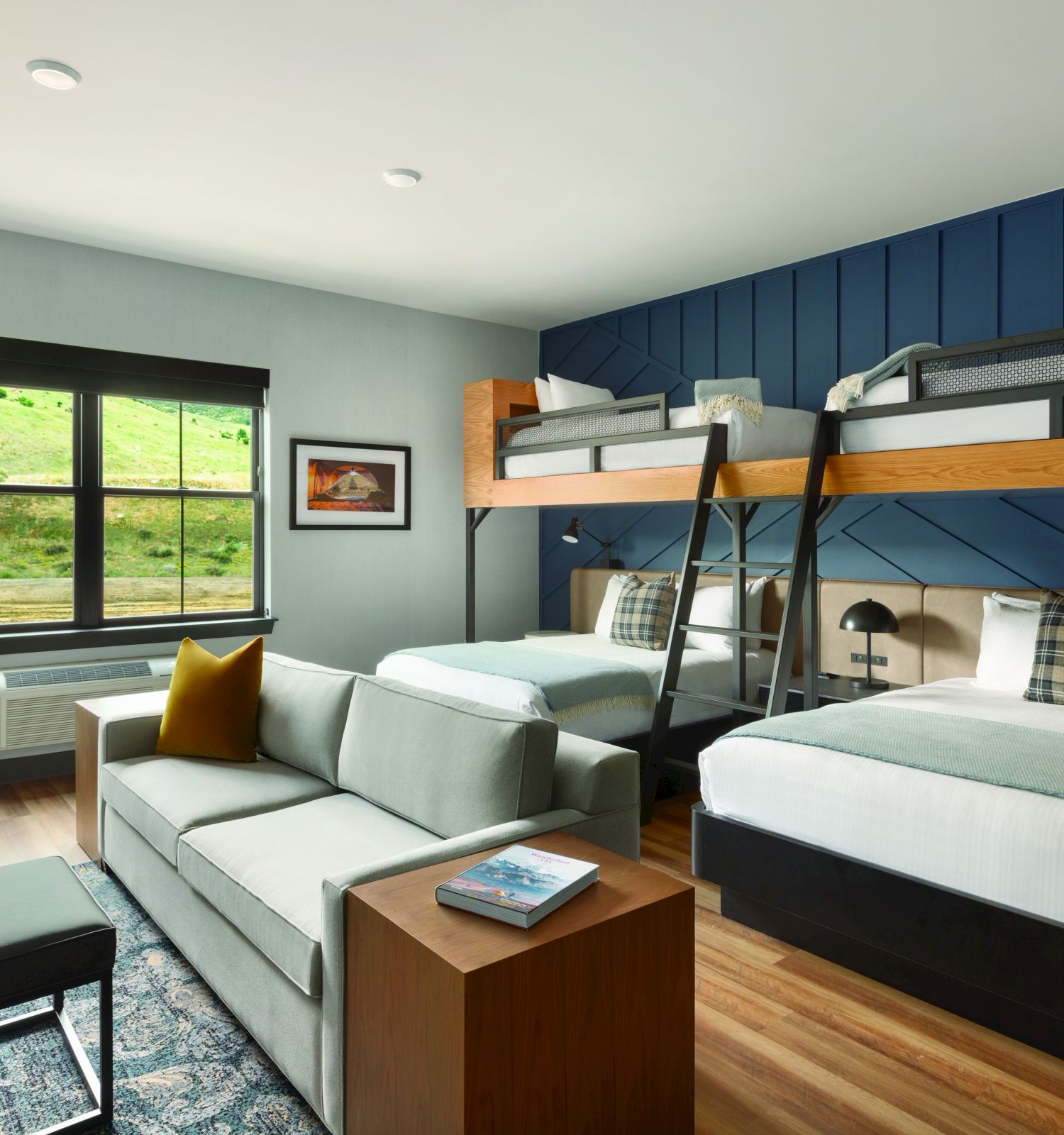 haystack bunk beds behind a sofa