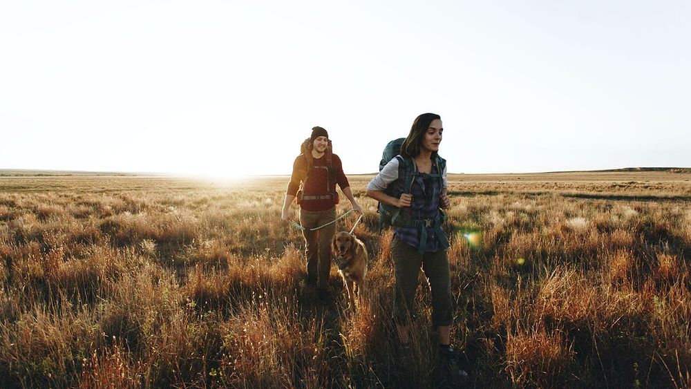 Two people hiking through a grassy field with backpacks, walking towards the camera as the sun sets in the background.