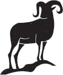 This image depicts a black silhouette of a ram standing on a small hill or rock, facing left, with curved horns and a slightly detailed body outline.