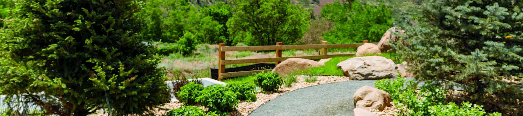 A cyclist's view of a scenic trail with greenery, trees, and a mountainous background, showcasing handlebars and a bike path.