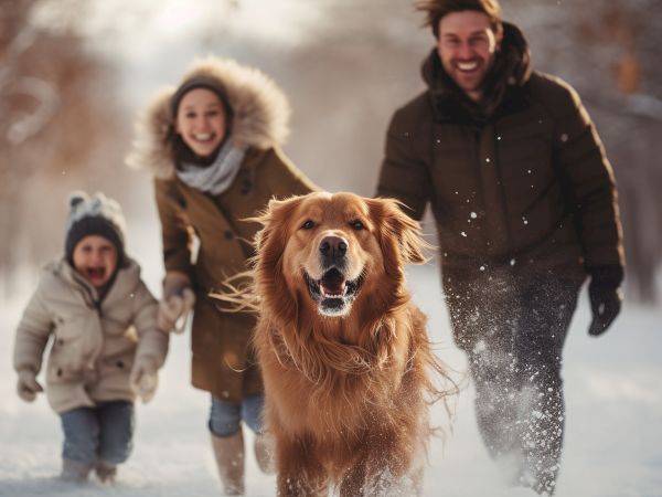 family walking with golden retriever in a forest