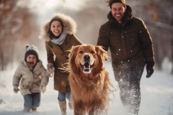 family walking with golden retriever in a forest