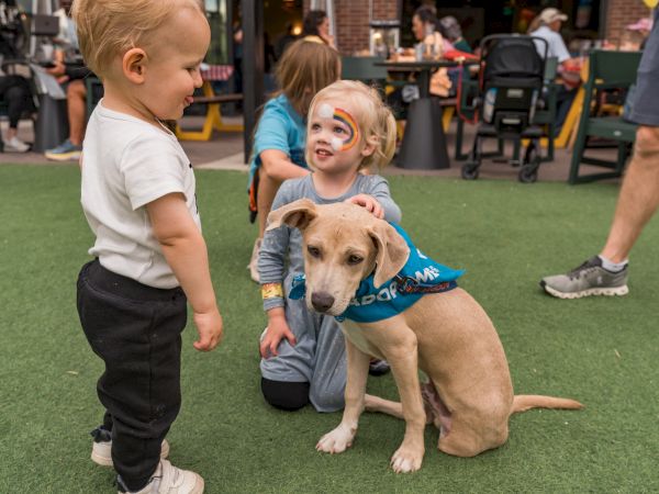 Two children are interacting with a dog wearing an "Adopt Me" bandana, outdoors with people in the background.