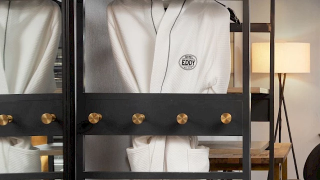 The image shows a modern hotel room with bathrobes, a view of mountains through the window, a bed, a chair, and a standing lamp.