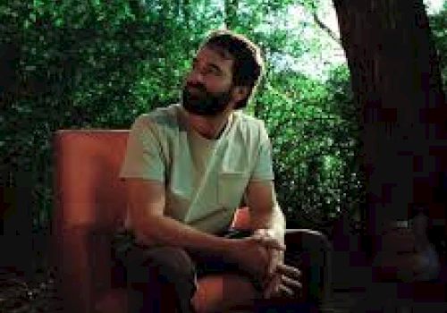 A person sits on a chair in a forest setting, surrounded by greenery and illuminated by natural light.