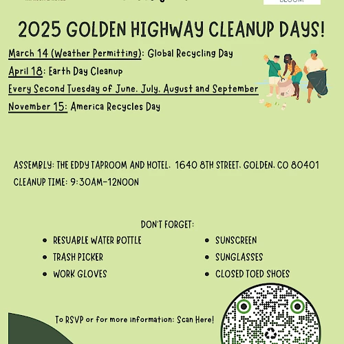 Flyer for 2025 Golden Highway Cleanup Days. Dates: March 16, April 16, etc. Location: Eddy Taproom, Golden, CO. Essentials listed.