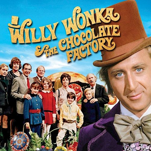 The image is a poster for "Willy Wonka & the Chocolate Factory," showing a man in a top hat with a group of people and candy.