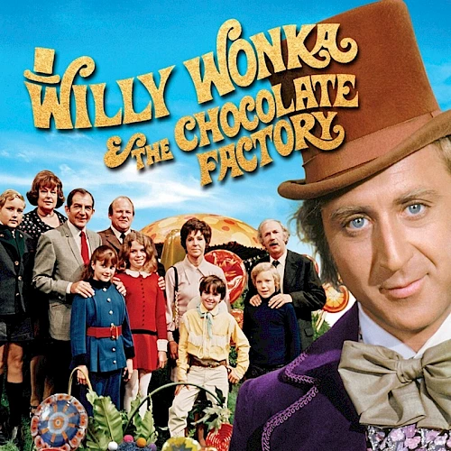 The image is a poster for "Willy Wonka & the Chocolate Factory," showing a man in a top hat with a group of people and candy.
