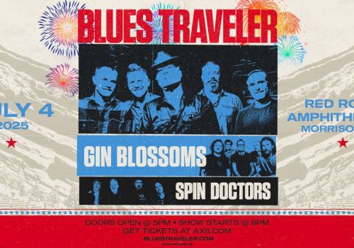 Concert poster for Blues Traveler, Gin Blossoms, and Spin Doctors on July 4, 2025, at Red Rocks Amphitheatre, Morrison, CO.