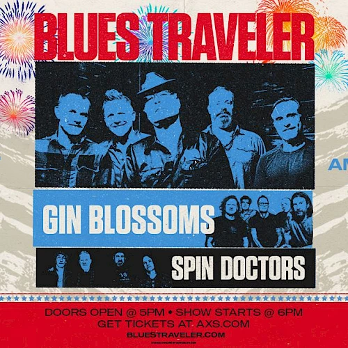 Concert poster for Blues Traveler, Gin Blossoms, and Spin Doctors on July 4, 2025, at Red Rocks Amphitheatre, Morrison, CO.