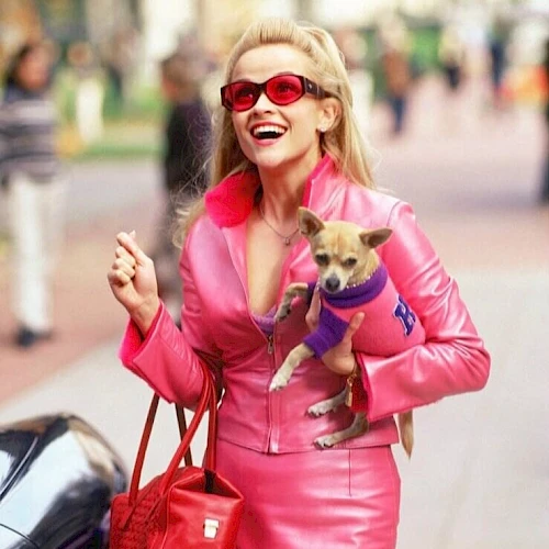 A person in a pink outfit, holding a small dog in a purple sweater, smiles while walking outdoors, carrying a red handbag.