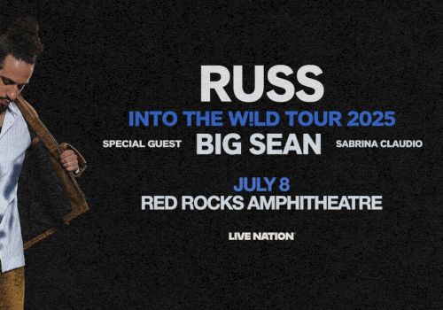 Concert poster for Russ' "Into the Wild Tour 2025" with Big Sean and Sabrina Claudio, July 8 at Red Rocks Amphitheatre.