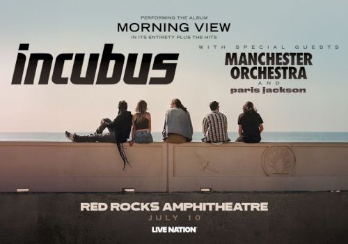 Concert poster for Incubus at Red Rocks Amphitheatre on July 10, featuring Manchester Orchestra and Paris Jackson.