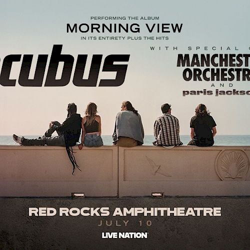Concert poster for Incubus at Red Rocks Amphitheatre on July 10, featuring Manchester Orchestra and Paris Jackson.