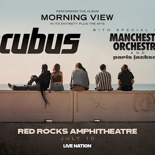 Concert poster for Incubus at Red Rocks Amphitheatre on July 10, featuring Manchester Orchestra and Paris Jackson.