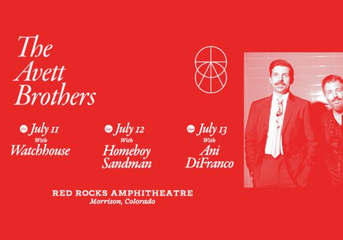 A promotional poster for The Avett Brothers' concerts at Red Rocks Amphitheatre, featuring special guests on July 11-13.