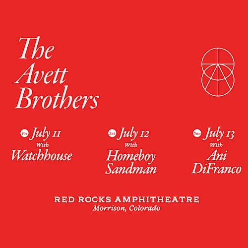 A promotional poster for The Avett Brothers' concerts at Red Rocks Amphitheatre, featuring special guests on July 11-13.