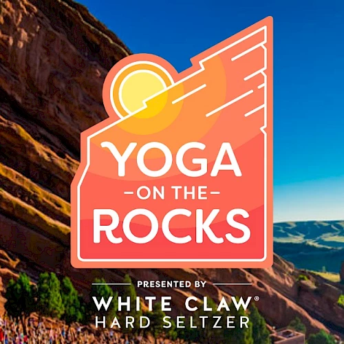 The image shows a "Yoga on the Rocks" event presented by White Claw Hard Seltzer, set against a scenic outdoor landscape.