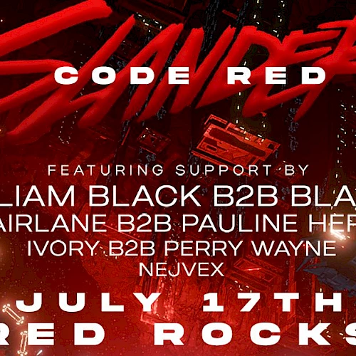 Promotional poster for a music event called "Code Red" featuring various artists, happening on July 17th at Red Rocks.