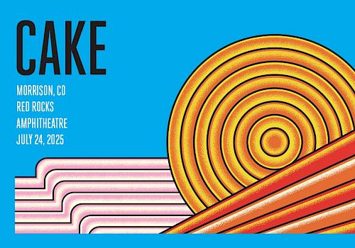Concert poster for "CAKE" at Red Rocks Amphitheatre, Morrison, CO, on July 24, 2025, featuring abstract sun and birds design.