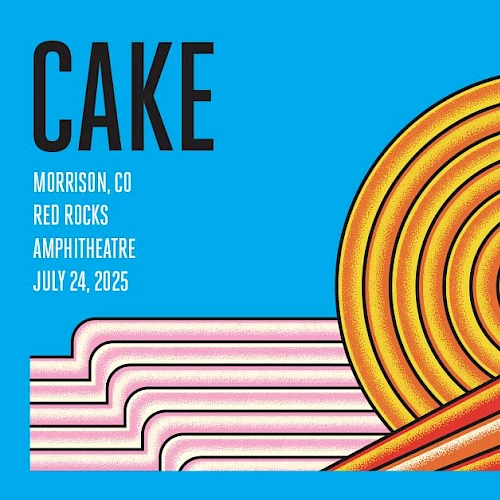 Concert poster for "CAKE" at Red Rocks Amphitheatre, Morrison, CO, on July 24, 2025, featuring abstract sun and birds design.
