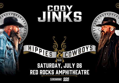 Concert poster for Cody Jinks at Red Rocks Amphitheatre on Saturday, July 26, featuring "Hippies & Cowboys."