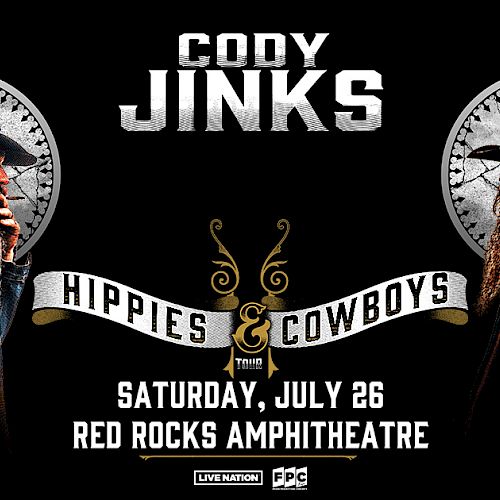 Concert poster for Cody Jinks at Red Rocks Amphitheatre on Saturday, July 26, featuring "Hippies & Cowboys."