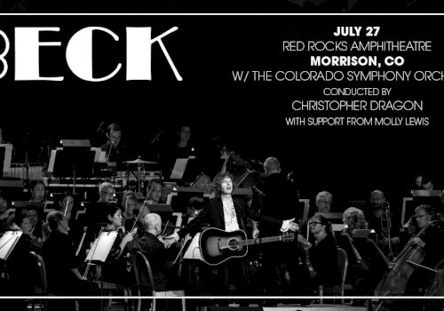 A concert poster for Beck with the Colorado Symphony and support from Molly Lewis, scheduled for July 27 at Red Rocks Amphitheatre.