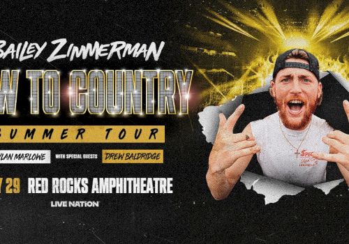 Promotional poster for Bailey Zimmerman's "New to Country" tour at Red Rocks, featuring Dylan Marlowe and Drew Baldridge.