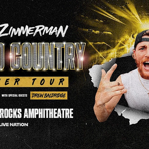 Promotional poster for Bailey Zimmerman's "New to Country" tour at Red Rocks, featuring Dylan Marlowe and Drew Baldridge.