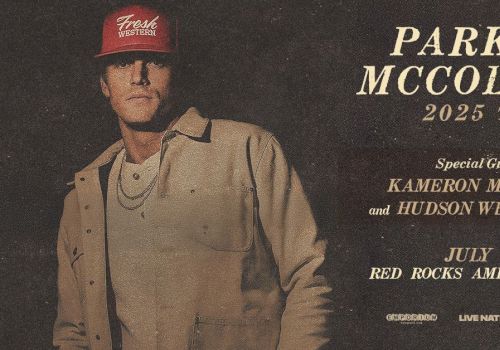 Parker McCollum 2025 Tour poster featuring special guests Kameron Marlowe and Hudson Westbrook at Red Rocks Amphitheatre on July 31.
