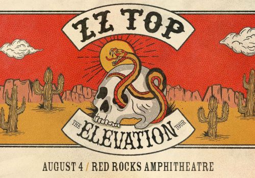 Concert poster for ZZ Top's "Elevation Tour" at Red Rocks Amphitheatre on August 4, featuring a desert scene with a skull and snake.
