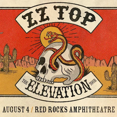 Concert poster for ZZ Top's "Elevation Tour" at Red Rocks Amphitheatre on August 4, featuring a desert scene with a skull and snake.
