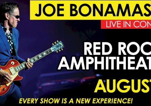Concert poster for Joe Bonamassa at Red Rocks Amphitheatre on August 8. Text: "Every show is a new experience!"
