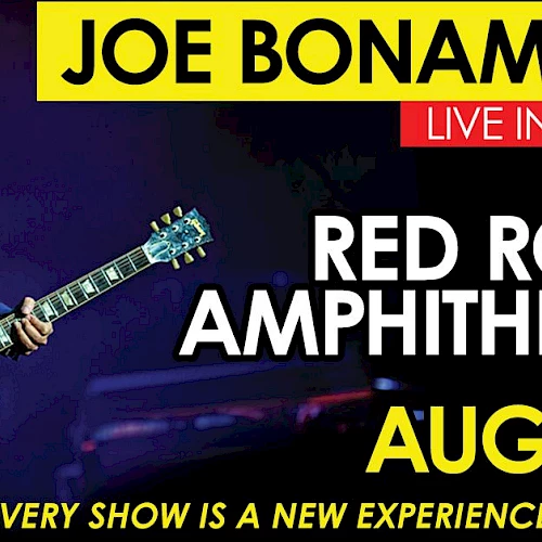 Concert poster for Joe Bonamassa at Red Rocks Amphitheatre on August 8. Text: "Every show is a new experience!"