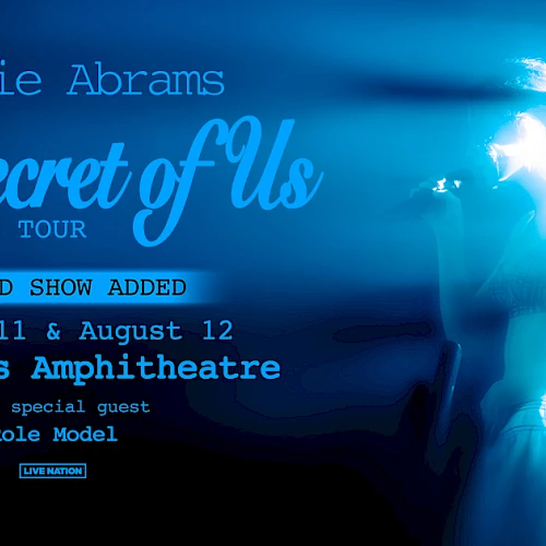 Concert poster for "The Secret of Us Deluxe Tour" by Gracie Abrams, with dates at Red Rocks Amphitheatre and guest Role Model.