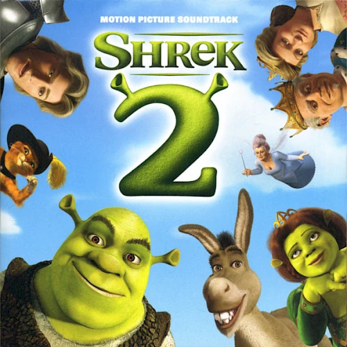 Cover art for the "Shrek 2" motion picture soundtrack featuring characters from the animated film around the title.