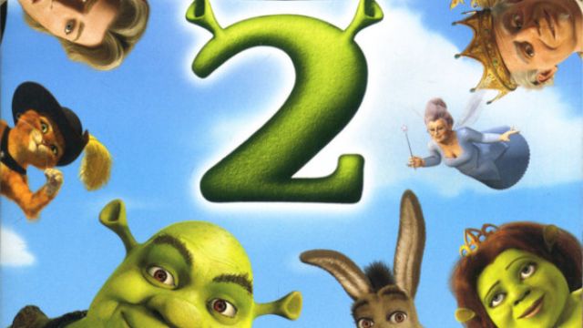 Cover art for the "Shrek 2" motion picture soundtrack featuring characters from the animated film around the title.