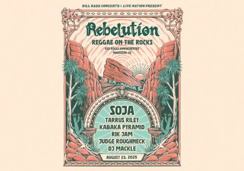Concert poster for "Reggae on the Rocks" featuring SOJA, Tarrus Riley, Kabaka Pyramid, and others on August 27, 2023.