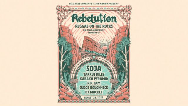 Concert poster for "Reggae on the Rocks" featuring SOJA, Tarrus Riley, Kabaka Pyramid, and others on August 27, 2023.