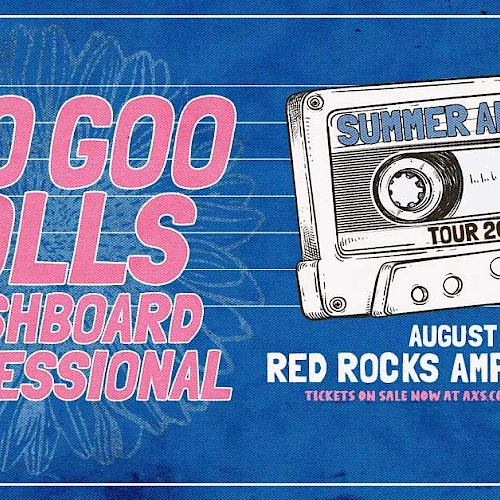 Concert poster for Goo Goo Dolls with Dashboard Confessional on August 24, Red Rocks Amphitheatre. Tour 2025, tickets available now.