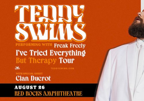 The image is a poster for Teddy Swims' "I've Tried Everything But Therapy Tour" on August 26 at Red Rocks Amphitheatre.