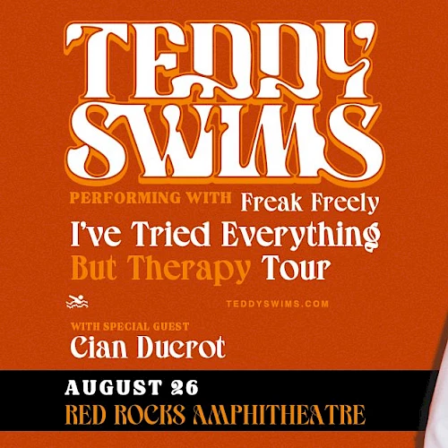 The image is a poster for Teddy Swims' "I've Tried Everything But Therapy Tour" on August 26 at Red Rocks Amphitheatre.
