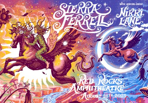 Colorful poster for Sierra Ferrell at Red Rocks Amphitheatre on August 18, 2023, featuring fantasy creatures.