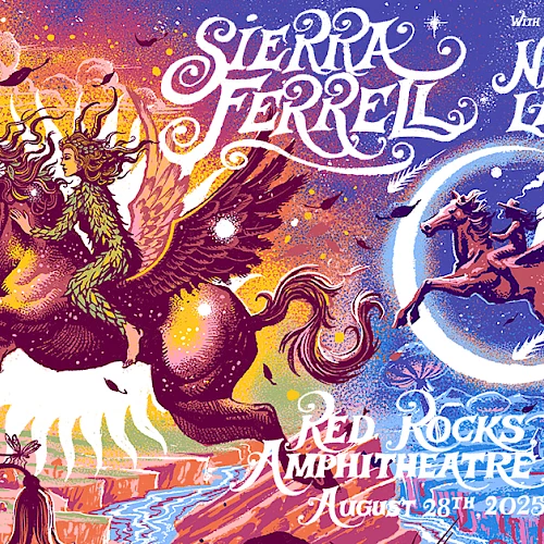 Colorful poster for Sierra Ferrell at Red Rocks Amphitheatre on August 18, 2023, featuring fantasy creatures.