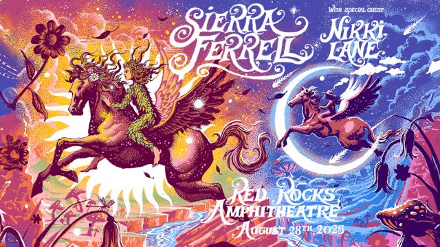 Colorful poster for Sierra Ferrell at Red Rocks Amphitheatre on August 18, 2023, featuring fantasy creatures.