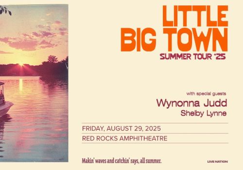 Tour poster with a sunset and boat on a lake, promoting Little Big Town's Summer Tour '25 with special guests, date, and venue details.