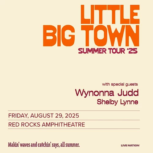 Tour poster with a sunset and boat on a lake, promoting Little Big Town's Summer Tour '25 with special guests, date, and venue details.