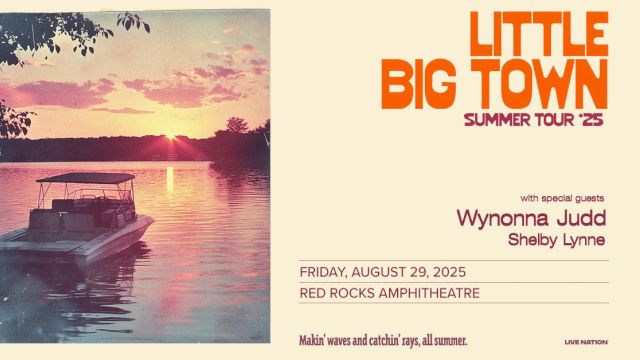 Tour poster with a sunset and boat on a lake, promoting Little Big Town's Summer Tour '25 with special guests, date, and venue details.