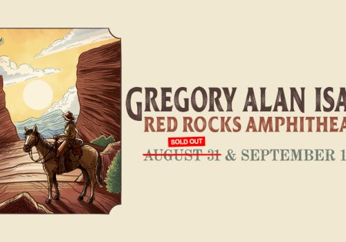 Concert poster for Gregory Alan Isakov at Red Rocks Amphitheatre, September 1, 2025, featuring cowboy art and "Sold Out" notice.